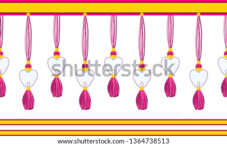 Vector seamless border pattern. Horizontal tassels with teeth, beads and yarn or tread. Pink, rose, yellow colors. Cute decorative element for dentist room, kids background