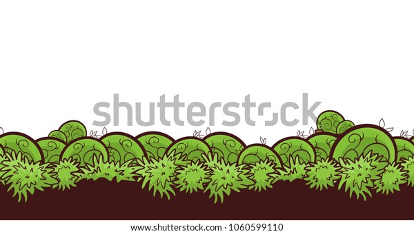 Vector\
seamless border pattern, horizontal line. Cute grass, or green\
bushes with earth, ground. Flat simple style, elements for spring\
design. Ribbon from grass, turf, lawn, herbals\
