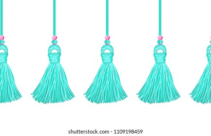 Vector seamless border pattern, mint tassels from yarn, tread with punchy pink beads. Horizontal endless border, divider. Perfect for decoration, celebrating decor, greeting cards and wallpapers