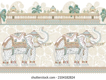 Vector seamless border pattern with ornate Indian elephant, tropical palm tree, antique temple. Colorful thin line, Paisley ornaments on a white background. Coloring book for adults and children - Shutterstock ID 2104182824