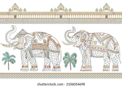 Vector seamless border pattern with ornate Indian elephant, tropical palm tree, antique temple. Colorful thin line on a white background. Coloring book for adults and children