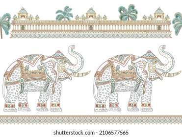 Vector seamless border pattern with ornate Indian elephant, tropical palm tree, antique temple. Colorful thin line on a white background. Coloring book for adults and children