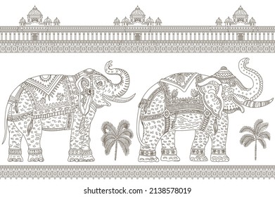 Vector seamless border pattern with ornate Indian elephant, tropical palm tree, antique temple. Brown contour line on a white background. Coloring book for adults and children