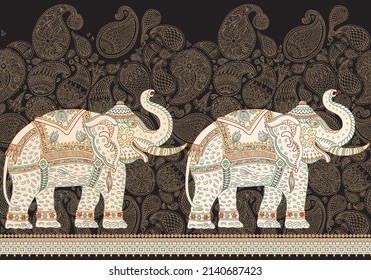 Vector seamless border pattern with ornate Indian elephant, beige Paisley ornaments on a black background. Coloring book for adults and children