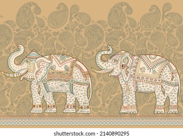 Vector seamless border pattern with ornate Indian elephant, green Paisley ornaments on a beige background. Coloring book for adults and children