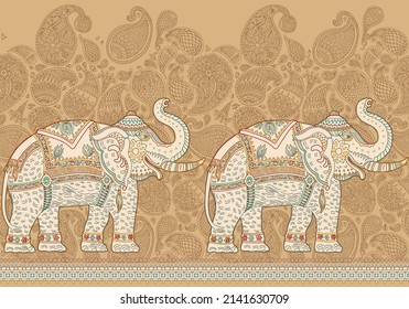 Vector seamless border pattern with ornate Indian elephant, brown Paisley ornaments on a beige background. Coloring book for adults and children