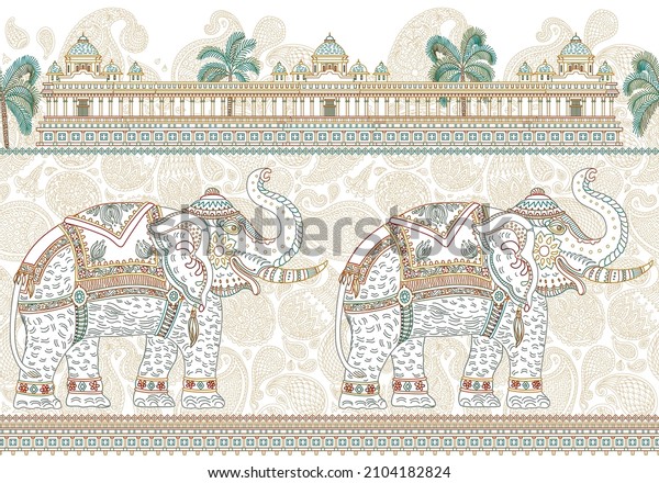 Vector seamless border pattern with ornate\
Indian elephant, tropical palm tree, antique temple. Colorful thin\
line, Paisley ornaments on a white background. Coloring book for\
adults and children