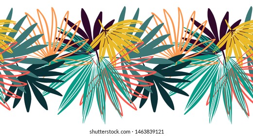 Vector seamless border pattern. Palm leaves wallpaper. Hand drawn tropical background.