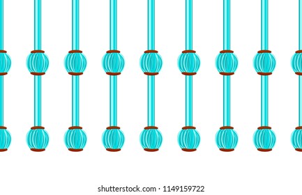 Vector seamless border pattern. Trendy punch pastel colors, mint and choco shades. Round bundle tassels from yarn, tread with beads. Horizontal endless border, abstract design