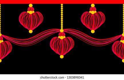 Vector seamless border pattern. Vivid neon elements on black background. Hearts tassels from yarn, tread, beads. Perfect for Valentine’s day, wedding celebrating decor, greeting cards, wallpaper 