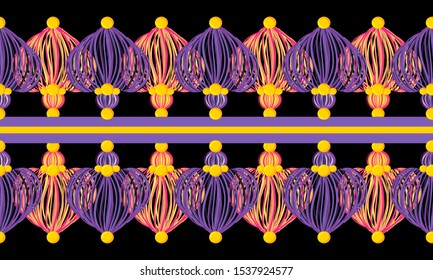 Vector seamless border pattern. Vivid neon elements on black background. Hearts tassels from yarn, tread, beads. Perfect for Valentine’s day, wedding celebrating decor, greeting cards, wallpaper 