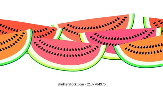 Vector seamless border pattern with watermelon slices. Colorful hand-drawn repeatable horizontal background. Summer fruits with seeds backdrop.