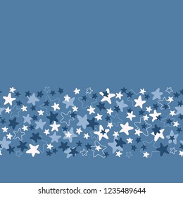 Vector seamless border pattern with white and blue stars on blue background. Fun ditsy star print, constellations and twinkle lights.