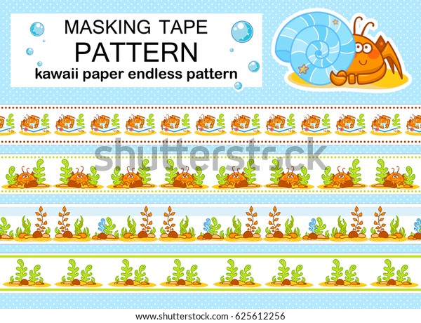 Vector seamless border patterns. Endless washi tape\
(means paper tape), masking tape, sticky, dividers, pattern board.\
Kawaii smiling crabs on white ribbon, cartoon illustration. New art\
in each set 