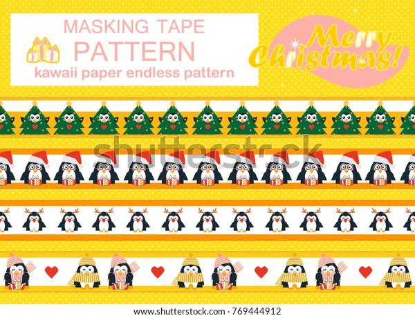 Vector\
seamless border patterns. Endless washi tape (means paper tape),\
masking tape, sticky, dividers, pattern board. Penguins on ribbon,\
perfect for Christmas packing. New art in each\
set
