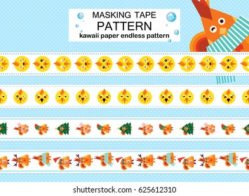 Vector seamless border patterns. Kawaii flat roosters, chicken smiling faces on white line, different emotions, fun, angry, cry. Different washi tape (means paper tape), masking tape, dividers 
