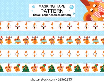 Vector seamless border patterns. Kawaii flat roosters, chicken smiling faces on white line, different emotions, fun, angry, cry. Different washi tape (means paper tape), masking tape, dividers