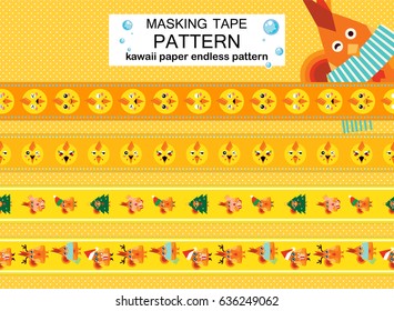 Vector seamless border patterns. Kawaii flat roosters, chicken smiling faces. Festive design, yellow, orange colors. Different emotions, fun, angry, cry. Washi tape (means paper tape), dividers