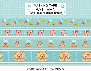 Vector seamless border patterns with kawaii smiling snail, pearl oyster, shell, seaweeds. Blue-green washi tape (means paper tape), masking tape, dividers, ribbons. Different art and size in each set