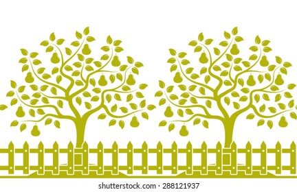 vector seamless border with pear trees behind picket fence isolated on white background