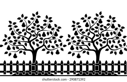 vector seamless border with pear trees behind picket fence isolated on white background