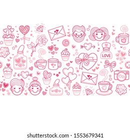 Vector seamless border with pink line art icons for Valentine. Outline elements cupcakes, cup of coffee, heart, camera, envelope, balloons, rose isolated on white background. Icon for Valentine's Day