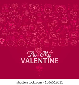 Vector seamless border with pink line art icons for Valentine. Outline romantic elements, cup of coffee, hearts, balloons, rose on pink background. Icon for Valentine's Day. Be My Valentine wallpaper.