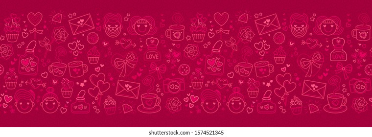 Vector seamless border with pink line art icons for Valentine. Outline romantic elements, cup of coffee, hearts, balloons, rose on pink background. Icon for Valentine's Day. Be My Valentine wallpaper.