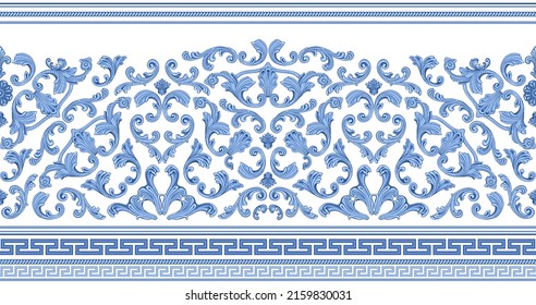 Vector seamless border print on a white background. Greek indigo blue meander frieze, Baroque blue flower scrolls. Scarf, shawl, rug carpet