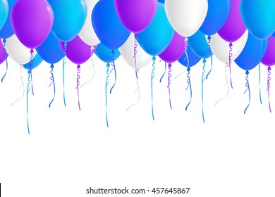 Vector seamless border of realistic colorful balloons (blue, sky blue, white, purple). Isolated from background. File contains clipping mask and gradient mesh.