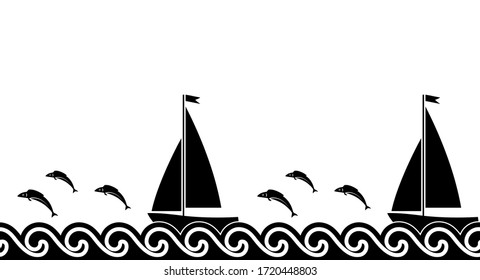 vector seamless border with sailboats floating on the sea and jumping fishes on white background
