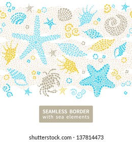 Vector seamless border with sea element and seashells.