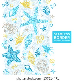 Vector seamless border with sea element and seashells.