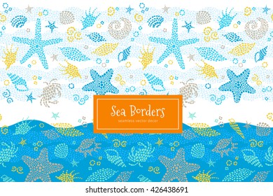 Vector seamless border with sea elements, crabs, seashells. Ornate maritime decor from drops. Spotty sea background for wallpaper, pattern fills, web page, surface textures. Marine life.