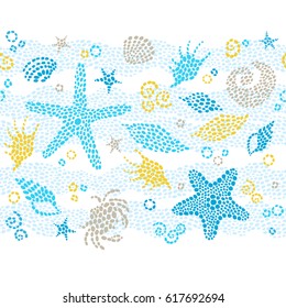 Vector seamless border with sea elements, crabs, seashells. Ornate maritime decor made from spots. Light spotty sea background for card, invitation, pattern fills, web page, surface textures. Marine life.