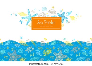 Vector seamless border with sea elements, crabs, seashells. Ornate maritime decor made from spots. Spotty sea background for card, invitation, pattern fills, web page, surface textures. Marine life.