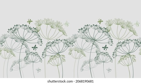Vector seamless border from silhouettes umbrella flowers and flying dragonflies
