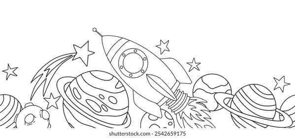 Vector borde sin fisuras con cohete espacial, planetas y astronauta. Libro para colorear en estilo doodle