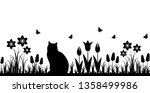 vector seamless border with spring flowers and cat isolated on white background