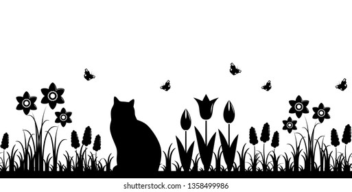 vector seamless border with spring flowers and cat isolated on white background