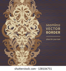 Vector seamless border with swirls and floral motifs in retro style. Element for design. It can be used for decorating of invitations, cards, decoration for bags.