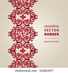 Vector seamless border with swirls and floral motifs in retro style. Element for design. It can be used for decorating of invitations, cards, decoration for bags and clothes.