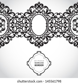 Vector seamless border with swirls and floral motifs in retro style. Element for design. It can be used for decorating of invitations, cards, decoration for bags and clothes.