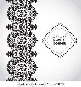 Vector seamless border with swirls and floral motifs in retro style. Element for design. It can be used for decorating of invitations, cards, decoration for bags and clothes.