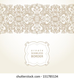 Vector seamless border with swirls and floral motifs in retro style. Element for design. Light lace background. It can be used for decorating of invitations, cards, decoration for bags and clothes.