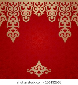 Vector seamless border with swirls and floral motifs in retro style. Golden scrollwork background. Template frame design for card. You can place your text in the empty place.