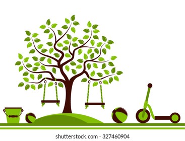 vector seamless border with tree, swings and toys isolated on white background