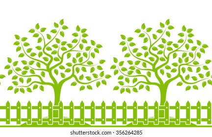 vector seamless border with trees behind picket fence isolated on white background