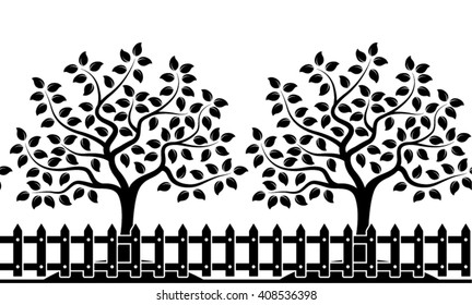 vector seamless border with trees behind picket fence isolated on white background