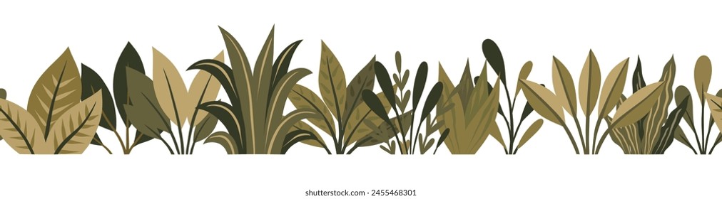 Vector seamless border with tropical plants. Horizontal frame made of leaves. Green palisade. Natural frieze with bushes of greenery isolated from the background.